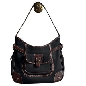 Vtg Etienne Aigner Black Canvas with Dark Brown Trim Shoulder Bag